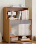 Multi Tier Desktop Bookshelf With Bamboo Build And Sliding Plastic Door Space Saver Display Rack For Home Office Cozy Sturdy Organizer