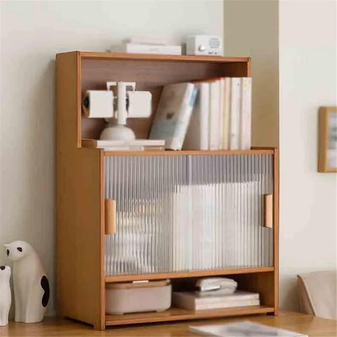 Multi Tier Desktop Bookshelf With Bamboo Build And Sliding Plastic Door Space Saver Display Rack For Home Office Cozy Sturdy Organizer