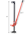 Beefy 7000 Lbs Ratcheting Farm Jack With 6 To 48 Inch Lift Range, side view showing handle and base measurements, red color