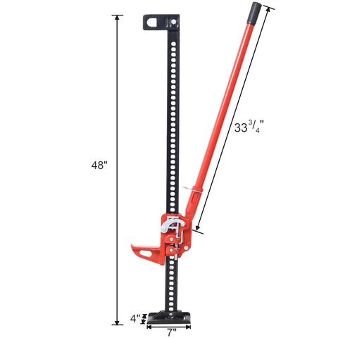 Heavy Duty 7000 Lbs Capacity Off Road Utility Jack With 4 To 38 Inch Lift, red ratcheting bumper lift jack side view
