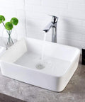No Cap Quality Rectangular Vessel Sink, White Porcelain Countertop Bathroom Vanity Basin, 19 By 15 Inch, water flowing in modern bathroom setting.