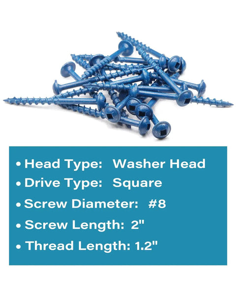 Built Tough 2 Inch Wood Screws With Washer Head Square Drive Coarse Thread Blue Coated Rust Resistant Finish 100 Pack