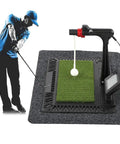 Golf Swing Trainer With Digital Practice Mat And 360 Degree Rotation, Voice Coach, And Hitting Exerciser in use with golfer silhouette