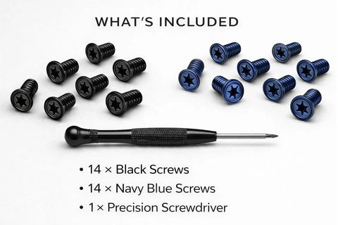 Replacement Wallet Screw Kit With Screwdriver 14 Black And 14 Blue Stainless Steel Screws shown with precision screwdriver