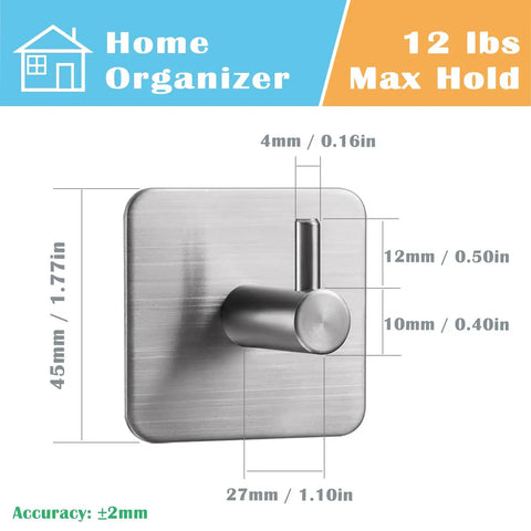 Close-up of Heavy Duty Sticky Hooks 4 Pack Stainless Steel Wall Hanger Towel Hooks with measurements and weight capacity illustration.