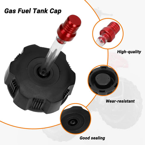 Gas Fuel Tank Cap With Vent Breather Tube For 50cc To 125cc ATV Quad Fits Tao Tao Coolster Roketa Sunl Kazuma Baja And Other Chinese Brand ATVs Easy Install Dope Replacement shown close-up with sealing features.