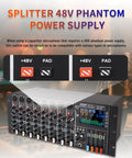 8 Channel DJ Console With 19 Inch Rack Mount Audio Mixer, 99 DSP Effects And Built In Reverb, close-up of 48V phantom power switch