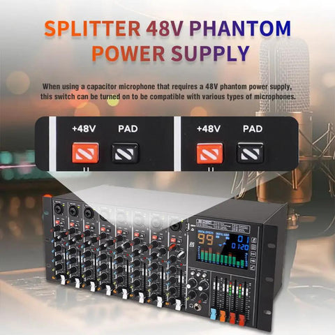 8 Channel DJ Console With 19 Inch Rack Mount Audio Mixer, 99 DSP Effects And Built In Reverb, close-up of 48V phantom power switch