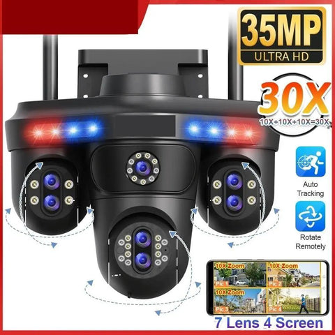 Prograde Wireless Security Camera With 35MP Resolution And 10X Optical Zoom Featuring Smart AI Human Detection Rock Solid 360 Degree PTZ Control No Fuss Remote Viewing For Tough Daily Monitoring And Ultimate Peace Of Mind, front view with multiple lenses and lights.