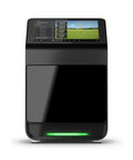 R50 Premium Golf Launch Monitor And Simulator with 10 inch touchscreen displaying golf metrics and virtual course overview.