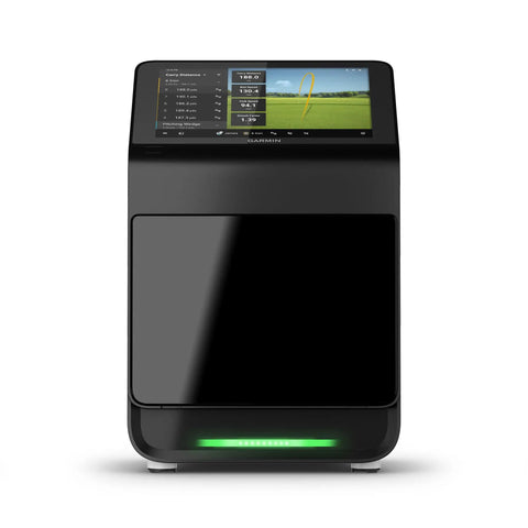 R50 Premium Golf Launch Monitor And Simulator with 10 inch touchscreen displaying golf metrics and virtual course overview.