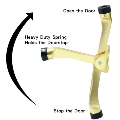 Kickdown Door Stopper 4 Inch Heavy Duty Door Stop 2 Pack With Mounting Screws And Screwdriver Zinc Alloy Brushed Satin Finish Non Slip Rubber Tips For Secure Hold Open And Prevent Slams. Gold zinc alloy kickdown door stopper with rubber tips shown open and closed