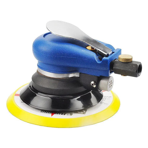 Close-up of 6 Inch Random Orbit Air Sander with Hook and Loop Backing Built In Variable Speed Regulator Pneumatic Sander.