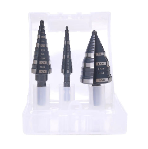 Step Drill Bit Set From One Quarter To One And Three Eighths Inch, Spiral Grooved Double Fluted M2 High Speed Steel Bits in case
