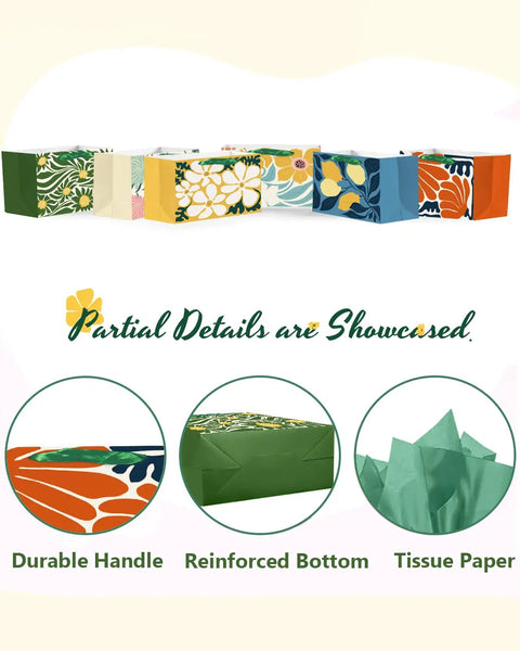 Clash Flowers Gift Bags With Tissue Paper Handles Pack Of 6 Medium Size Recyclable Cardboard Gift Bags, bold floral patterned design