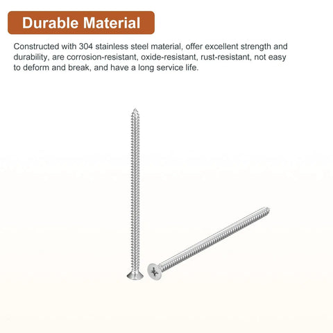 No Sweat Heavy-Duty Flat Head Wood Screws 304 Stainless Steel Self Tapping Size 10X4 Inch showing corrosion-resistant silver screws.