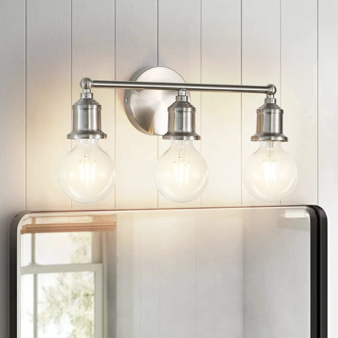 Three Light Vanity Fixture In Brushed Nickel, Modern Farmhouse Wall Sconce For Bathroom Or Over Mirror, E26 Base
