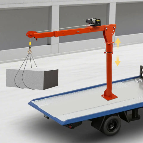 Heavy Duty 1100 Lb Truck Mounted Crane Hoist W/ 12V Electric Winch lifting concrete block on truck bed, Q235 steel construction.