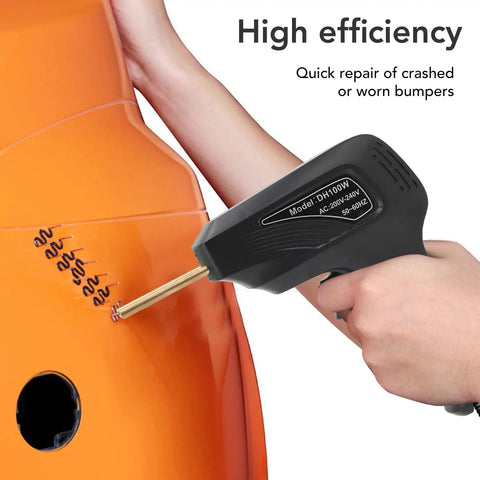 50W Plastic Welder For Car Bumper And Plastic Repair Kit in use on orange bumper with ergonomic handle and nail attachment