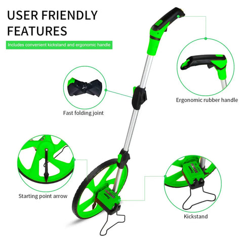 Distance Measuring Wheel With 10K Ft Range, Double Fold Design, shown with ergonomic rubber handle and kickstand