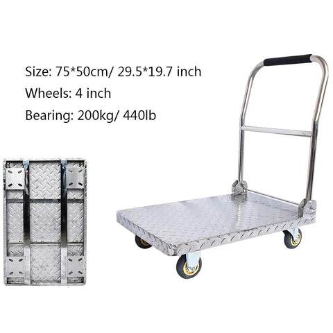 Heavy Duty Stainless Steel Platform Cart With Foldable Handle And Smooth Silent Wheels Built To Haul Big Gear Without Breaking A Sweat On Any Jobsite Daily, 75x50cm size.