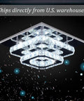 9.8 Inch Square Crystal Flush Mount LED Ceiling Light With K9 Crystal Mirror Base, Cool White 6500K, lit against dark background