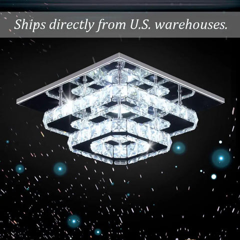 9.8 Inch Square Crystal Flush Mount LED Ceiling Light With K9 Crystal Mirror Base, Cool White 6500K, lit against dark background