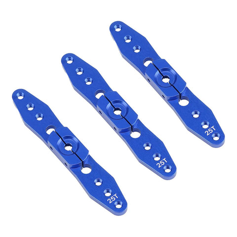 Three Piece Aluminum RC Clamping 25T Servo Horns Set With Double Arm Steering Arms, blue anodized for 1/8 and 1/10 Scale RC Cars