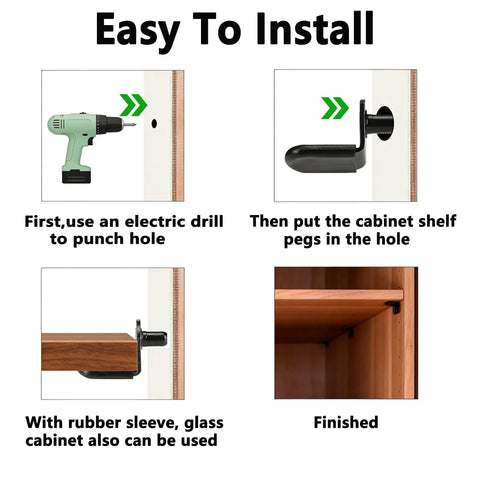 Heavy Duty L Shaped Cabinet Shelf Pins, 5Mm Nickel Plated Steel Support Pegs installation steps with electric drill.