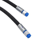 2-pack excavator diverter valve hoses; black hydraulic hoses with silver crimp fittings and blue end caps