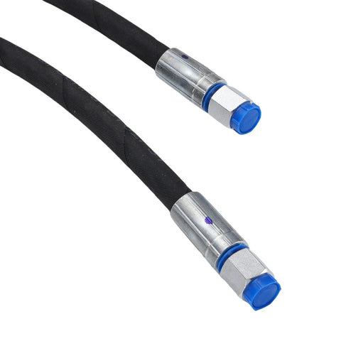2-pack excavator diverter valve hoses; black hydraulic hoses with silver crimp fittings and blue end caps