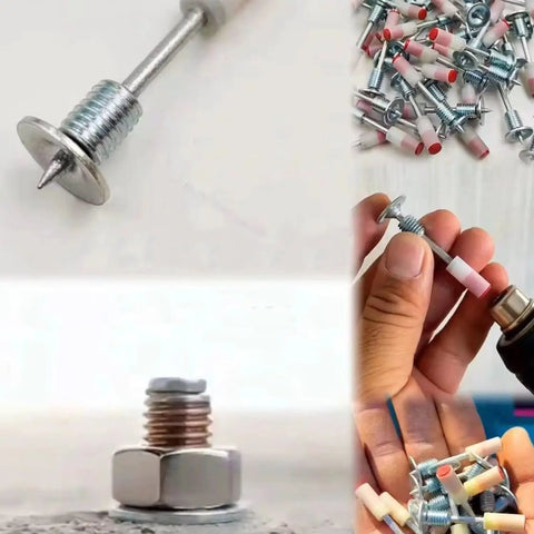 Pro Grade Threaded Concrete Nails With M8 Nut Caps Hardcore Hammer Set Fasteners, detailed view of carbon steel nails and nut caps.