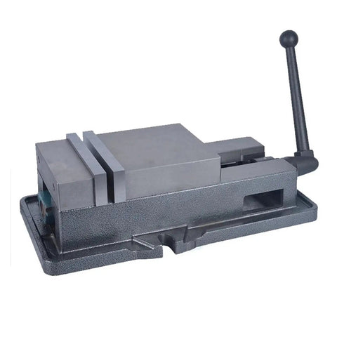 Heavy Duty Rotatable Milling Machine Bench Vice in 5, 6, Or 8 Inch Sizes, gray hardened steel with quick tool change lever.