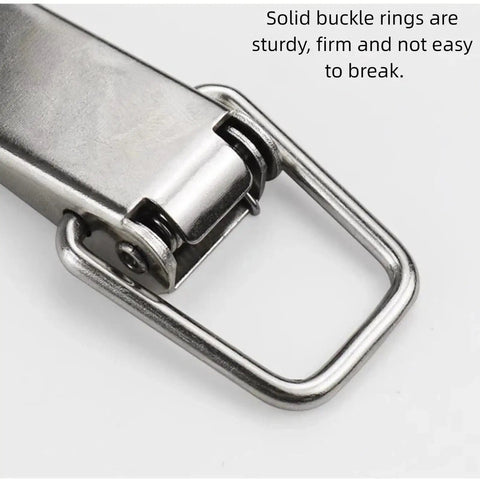 Close-up of a Stainless Steel Spring Toggle Latch 4 Pack For Large Boxes And Cases Beefy Rust Resistant Tool Box Trunk Latch With Secure Clamp