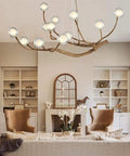 Modern Glass Bubble Chandelier With Sleek Wood Branch Accents, Rustic Industrial Flush Mount Pendant Light For Living Room, adjustable.
