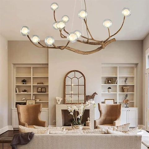 Modern Glass Bubble Chandelier With Sleek Wood Branch Accents, Rustic Industrial Flush Mount Pendant Light For Living Room, adjustable.