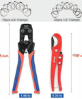 PEX Pipe Quick Cinch Tool Set For Stainless Steel Clamps Three Eighths Inch To One Inch With PEX Cutter, shown with clamps