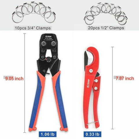 PEX Pipe Quick Cinch Tool Set For Stainless Steel Clamps Three Eighths Inch To One Inch With PEX Cutter, shown with clamps