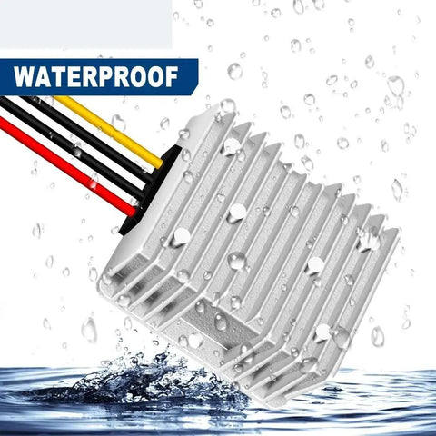 Heavy Duty 48 To 13.8 Volt Step Down Dc Power Converter Buck Regulator Module 10 15 20 Amp in waterproof setting with water droplets.