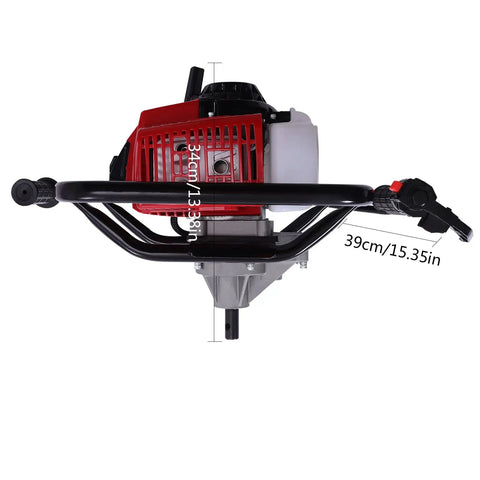 Front view of Workhorse Gas Powered Post Hole Digger For Fence Posts And Tree Planting With 63cc Two Stroke Engine, black handles