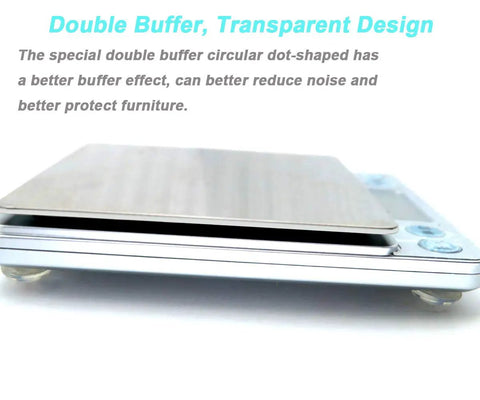 202 Pieces Clear Adhesive Bumper Pads Set in Five Shapes under a weighing scale on a white surface