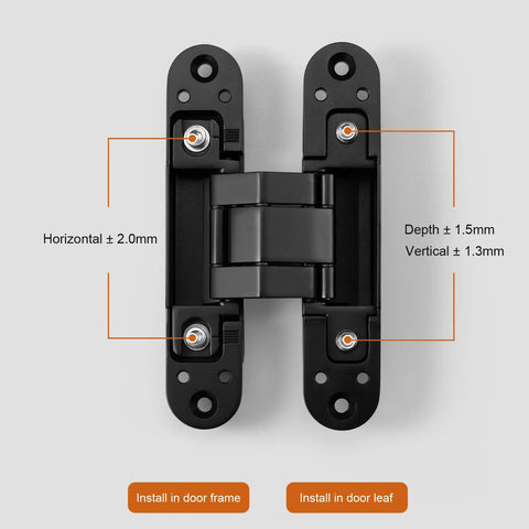 Top view of Invisible 5.5 Inch 3 Way Adjustable Concealed Door Hinges Matte Black Zinc Alloy 180 Degree Swing Hidden Butt Hinge.