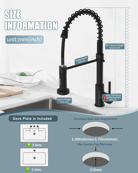 Black Kitchen Faucet With Soap Dispenser And Pull Down Sprayer No Frills Single Handle Stainless Steel RV Camper Farmhouse Sink Tap for kitchen installation.