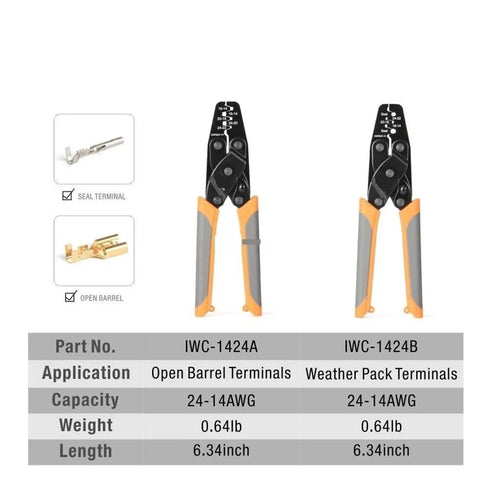 Premium Crimping Tool Kit With Quick Release Lever And Ergonomic Non-Slip Handles Perfect For Automotive Terminals Weather Pack Connections And Professional Wire Connector Crimping Jobs Today. 6.34in steel crimpers for 24-14AWG terminals