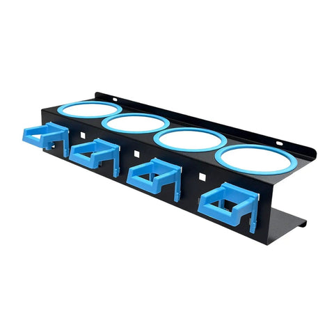 Badass Cold Rolled Steel Wall Mounted Spray Bottle Holder Locks Down Four Cans For Detailing with blue clips for heavy gear.