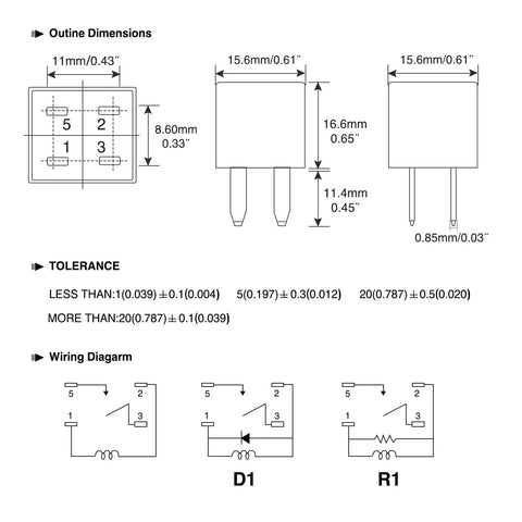 Dimensions and wiring diagram for 5 Pack 4 Pin SPNO Automotive Relay 20A Sealed, Plug and Play Direct Replacement for Polaris RZR SxS