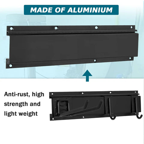 Heavy Duty Garage Tool Organizer Wall Mount 11 Piece Set aluminum rail and hooks detail, anti-rust design.