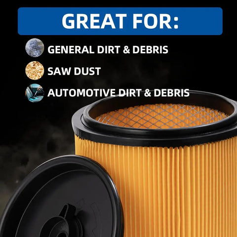 Replacement Standard Cartridge Filter And Retainer For VCFS Filters Fits 5 To 20 Gallons Wet Dry Vacuums with text on usage