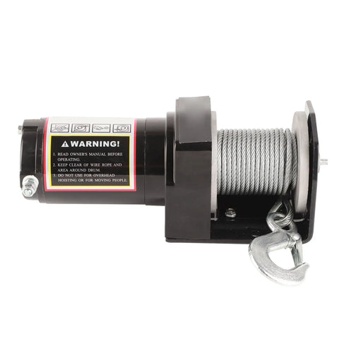 Fauitay 2500lb DC 12V Electric Power Winch With Remote Control For Atv Utv Trailers, featuring rope drum and safety warning.