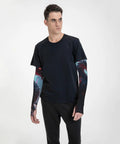 Man wearing Top Tier Cooling Arm Sleeves With Bold Dragon Pattern over black t-shirt, showcasing quick dry fabric and four way stretch.